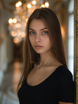 Thoughtful young woman with long brown hair photo
