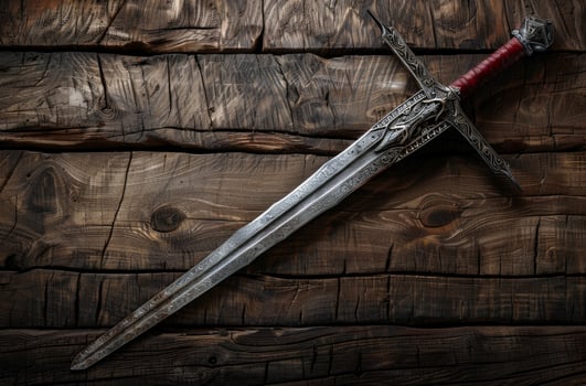 Ornate fantasy sword on wooden background photo