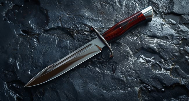 Closeup of a sharp hunting knife with a wooden handle on a dark background photo