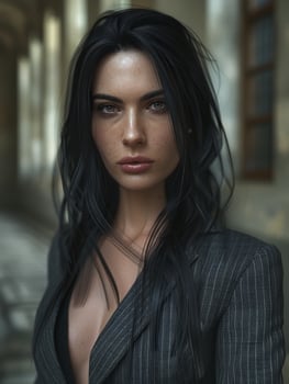 Alluring woman with dark hair and piercing gaze photo