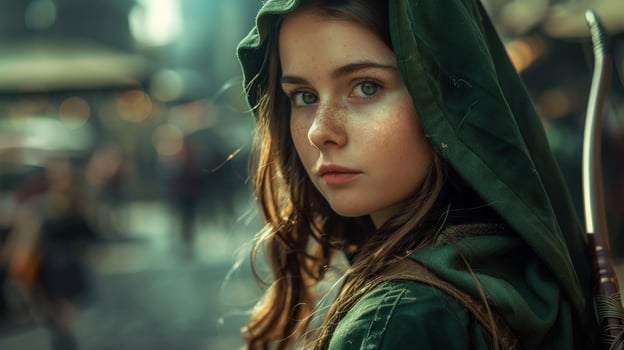 Pensive young woman in green hooded jacket photo