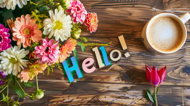 colorful flowers and coffee on wooden table photo