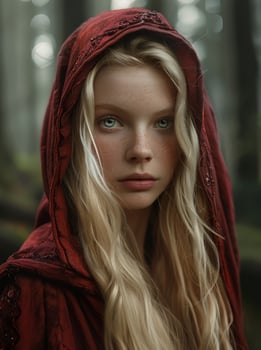 Mysterious woman in red hooded cloak photo