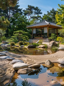 Tranquil japanese garden with pagoda and pond photo