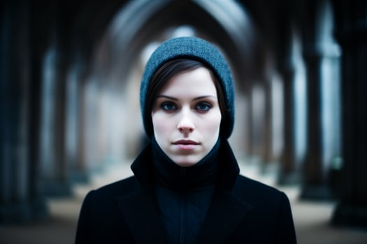 Mysterious woman in dark winter coat and hat photo