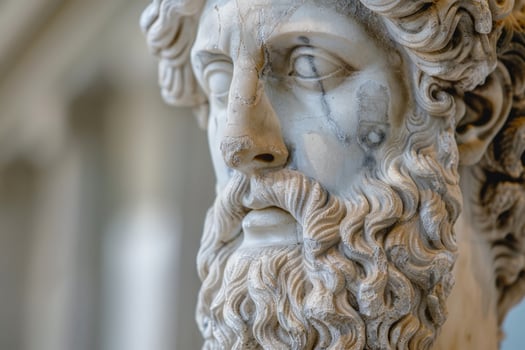 Detailed close up of a stone sculpture head with intricate features photo
