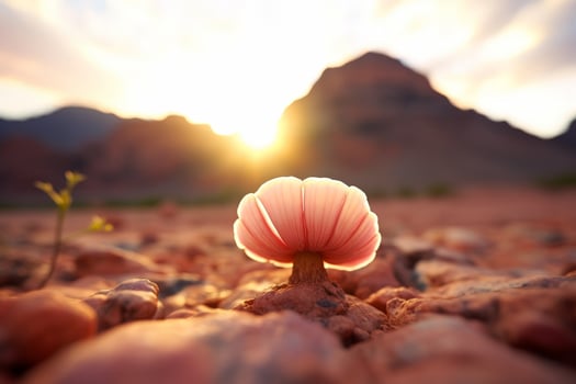 Vibrant mushroom in desert landscape at sunset photo