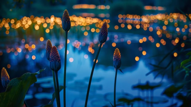 Magical night scene with glowing flowers and bokeh lights photo