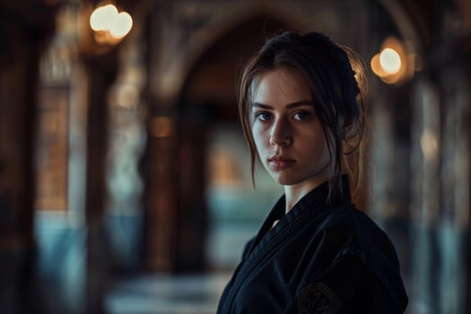 Serious young woman in dark clothing photo