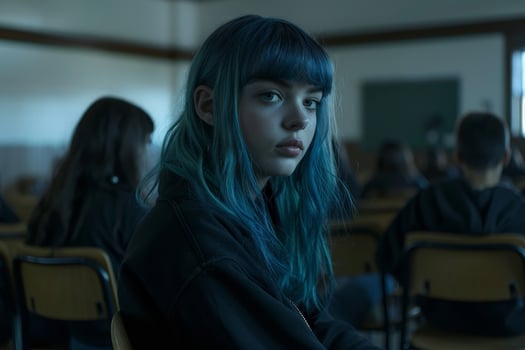 Thoughtful young woman with blue hair photo