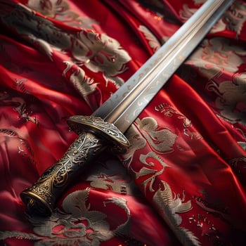Ornate sword on red silk fabric photo