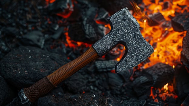 Ornate battle axe in flames photo