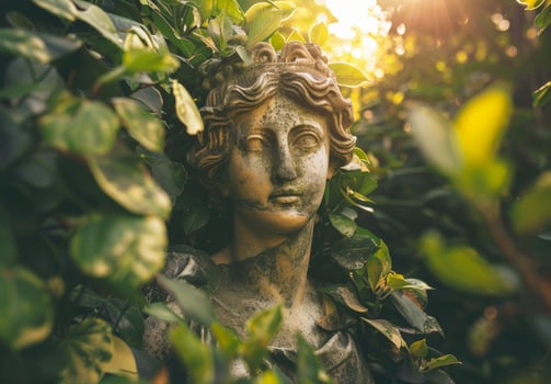 ancient stone statue in lush greenery photo