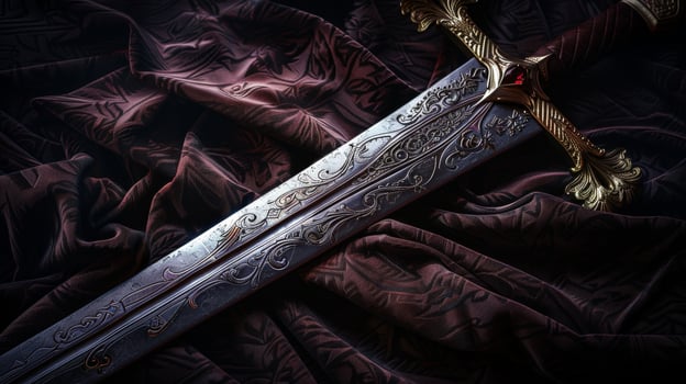 Ornate sword on dark fabric photo