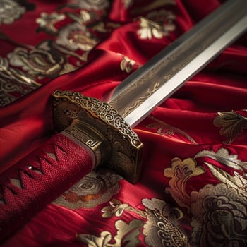 Ornate ceremonial sword on red silk fabric photo
