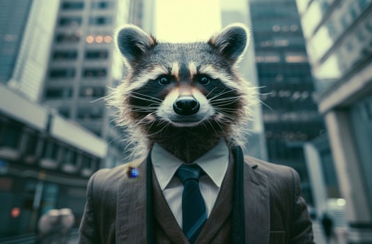 Raccoon in a suit and tie standing in front of a city skyline photo