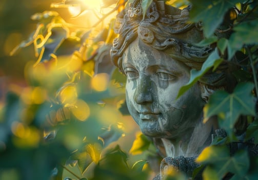 Serene garden statue surrounded by vibrant foliage photo