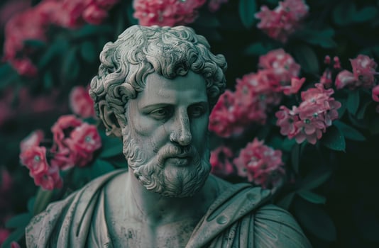 ancient roman statue surrounded by pink flowers photo
