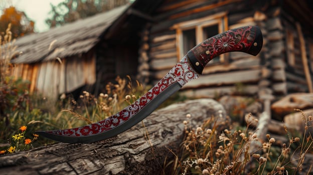 Ornate decorative knife in rustic outdoor setting photo