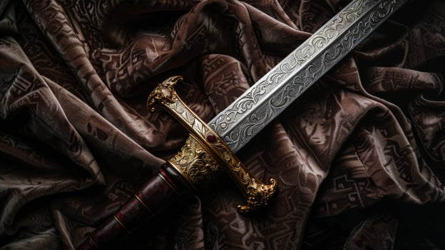 Ornate dagger on dark fabric background photo