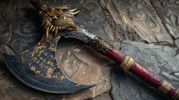 Ornate fantasy dagger on dark wooden background photo