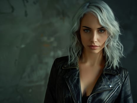 Mysterious woman with silver hair in leather jacket photo