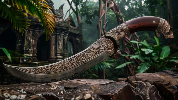 Ornate Ceremonial Dagger in Tropical Forest photo