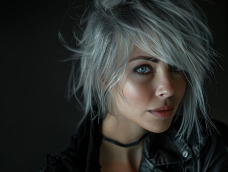 Dramatic portrait of a young woman with striking silver hair photo
