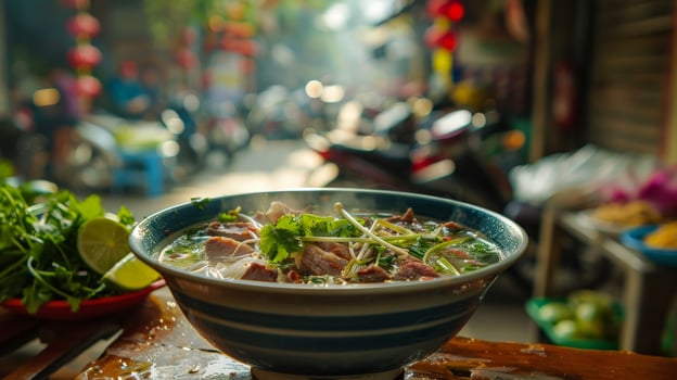 Delicious Vietnamese pho noodle soup with beef and fresh herbs photo