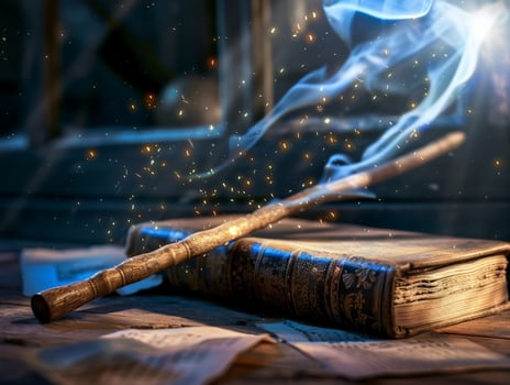 Magical book with glowing smoke and sparks photo
