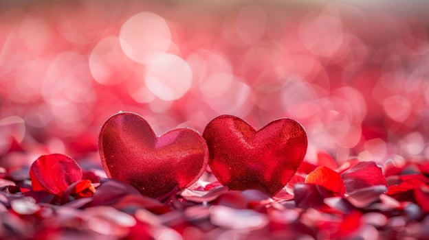 Glittering hearts on a bed of rose petals photo