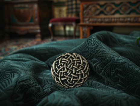 Ornate celtic knot on dark green fabric photo