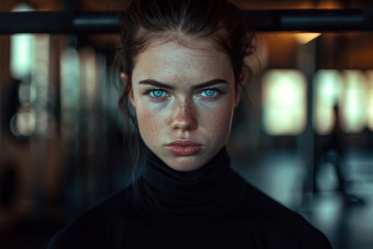 Intense gaze of a young woman with striking blue eyes photo