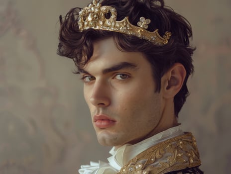 regal male portrait with crown and ornate clothing photo