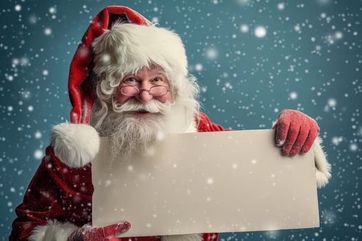smiling santa claus holding blank sign in snowy scene photo