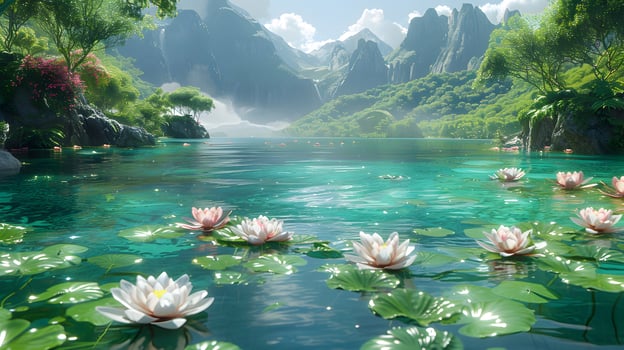 Lotus flower on water with mountain views, meditation, serenity and spirituality concept, illustration photo