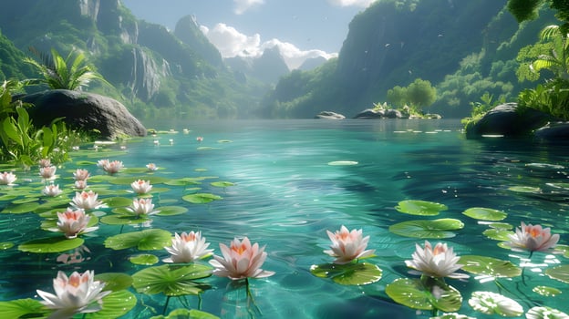 Lotus flower on water with mountain views, meditation, serenity and spirituality concept, illustration photo