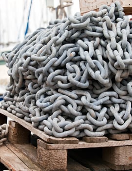 anchor chain heap on wood boards photo