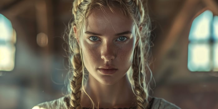 Pensive woman with curly blonde hair photo