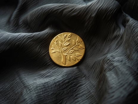 golden coin with leaf pattern on dark fabric photo