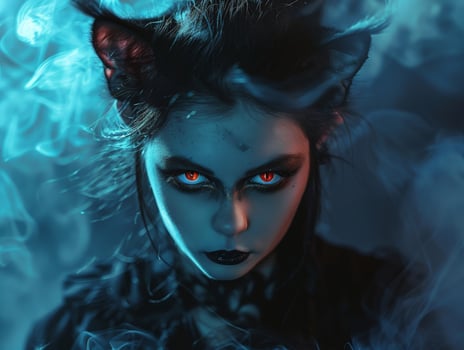 Mysterious woman with glowing red eyes and dark makeup photo