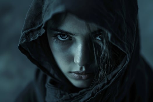 Mysterious hooded figure with intense gaze photo