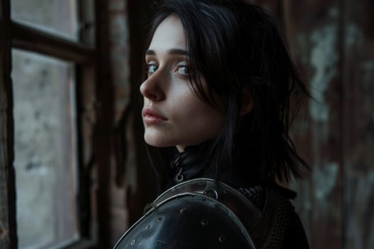 Pensive woman with dark hair looking out window photo