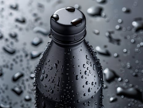 close up of a black water bottle covered in water droplets photo
