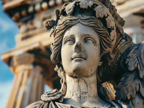 close up of ornate stone statue with floral crown photo