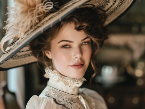 Elegant woman in vintage dress and hat photo