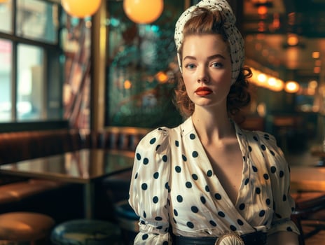 retro woman in polka dot dress posing in cafe photo