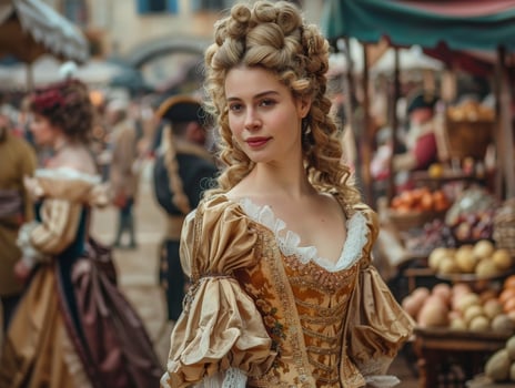 elegant woman in historical costume at market photo