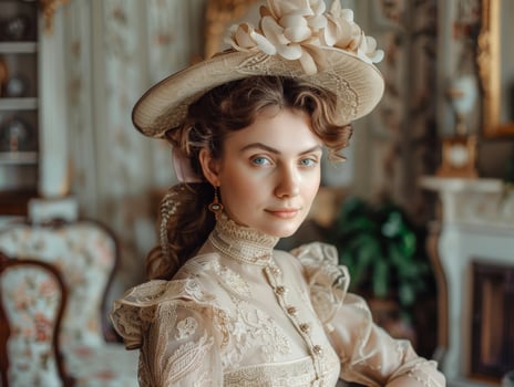 Elegant woman in vintage dress and hat photo