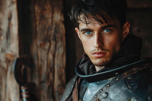 Rugged medieval warrior with intense gaze photo